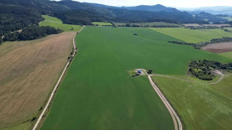 Meadows and forests in the area of Stará Ľubovňa are dominated by green agricultural lands and roads.