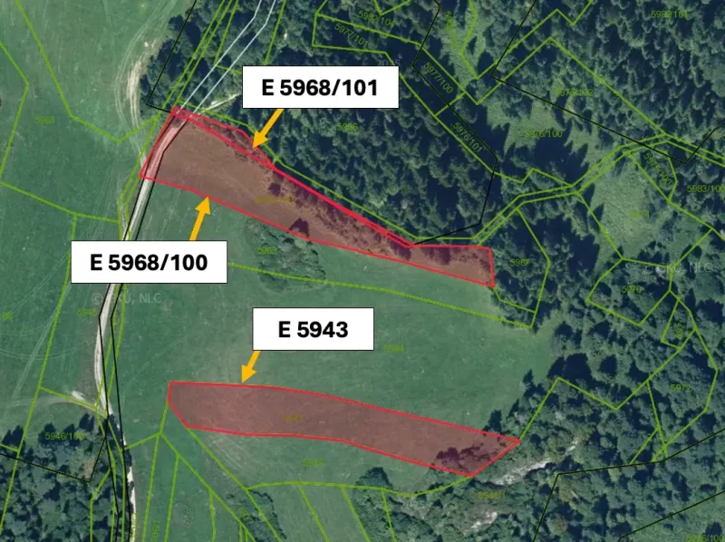 Aerial view of agricultural and forest lands in Stará Ľubovňa with parcel numbers.