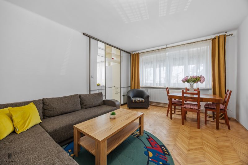Living room in a two-room apartment with a wooden decor floor and a comfortable sofa.