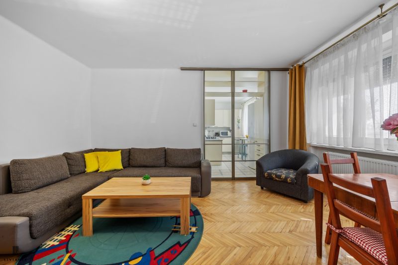 Living room in a two-room apartment with a sofa, carpet, and wooden decor flooring.