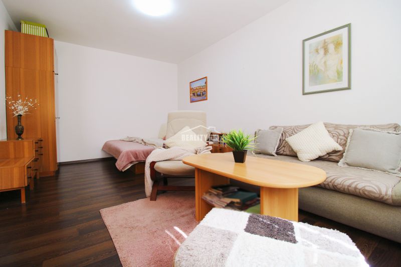 A bright room in a one-room apartment with a wood-patterned floor, a sofa, and a bed.