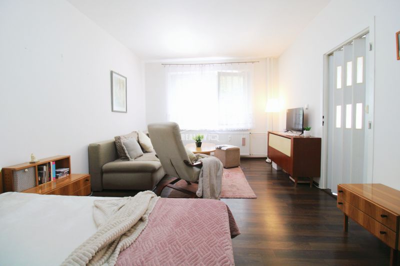 Bright living space in a studio apartment with wood-patterned flooring and comfortable seating.