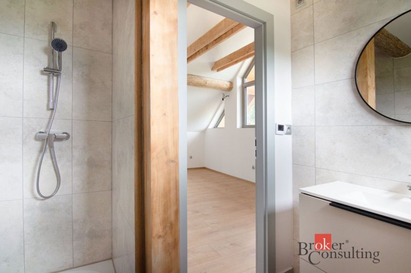 A family house bathroom with tiles, a shower corner, and an adjacent room with a wooden decor floor.