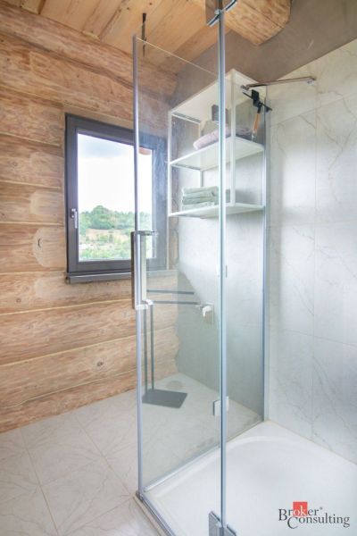 Shower enclosure with glass doors and wooden decor in a family house.
