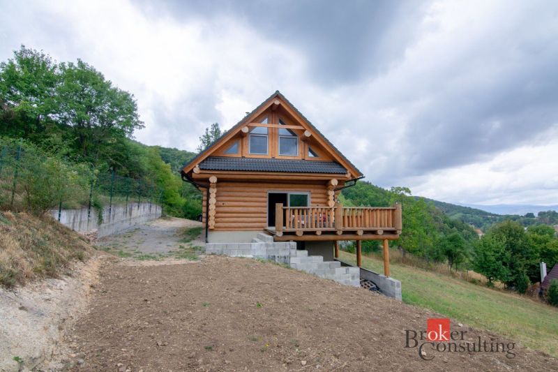 A wooden family house in Vyhne on a slope, surrounded by greenery and a cloudy sky.