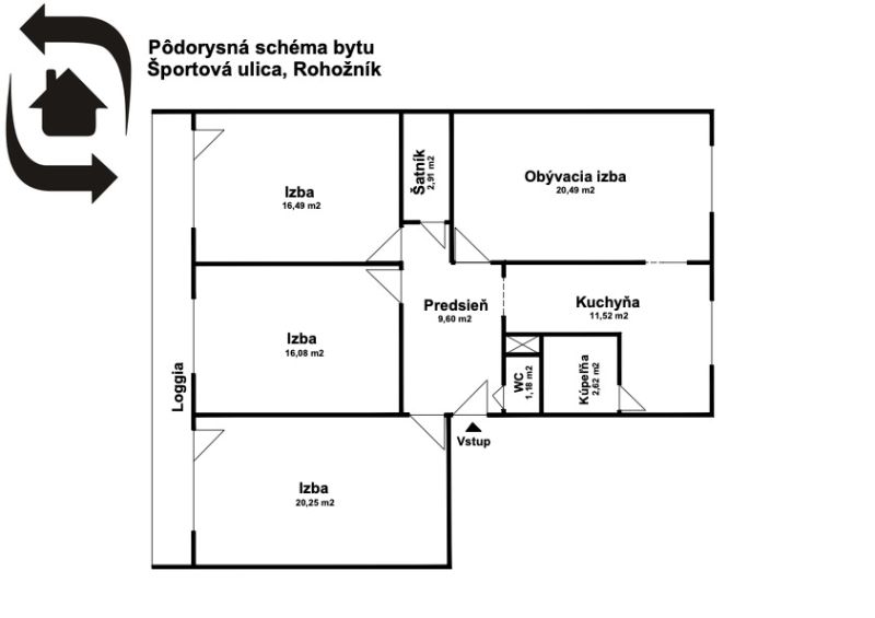 Floor plan of a 4-room apartment on Športová Street in Rohožník.