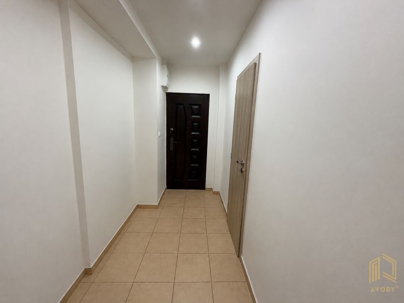 A hallway in a 2-room apartment with a tiled floor and dark doors.