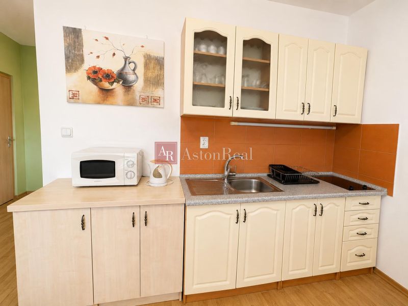 A kitchen unit with a microwave and wall decor in a studio apartment.
