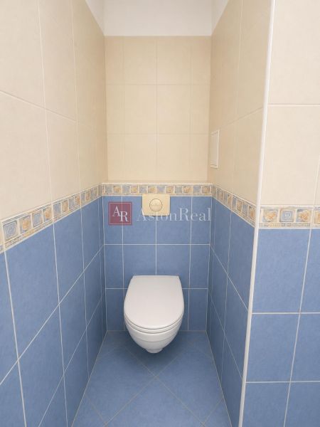 A toilet with blue tiles and a wall-mounted toilet in a studio apartment.