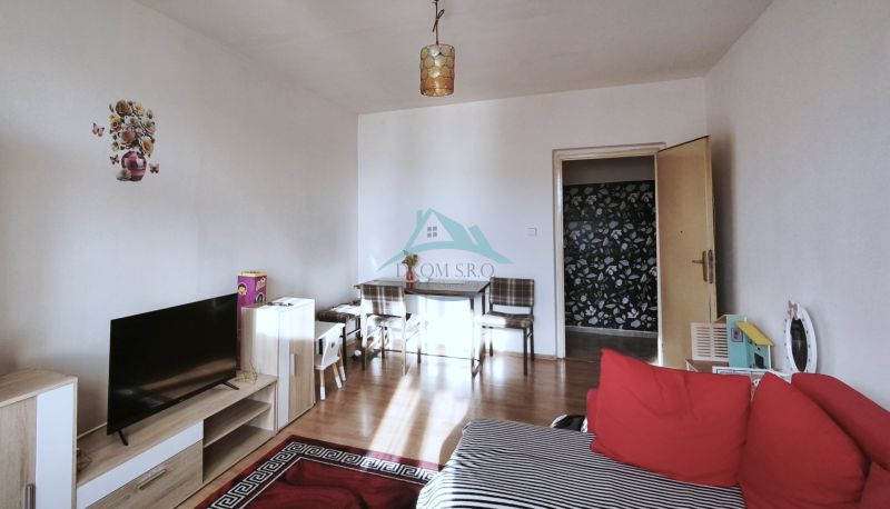 Living room in a two-room apartment with a sofa, table, and floor with a wooden decor.