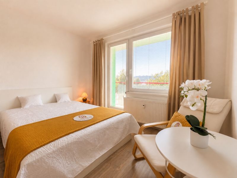 Bright bedroom with a large bed and a flower, studio apartment.