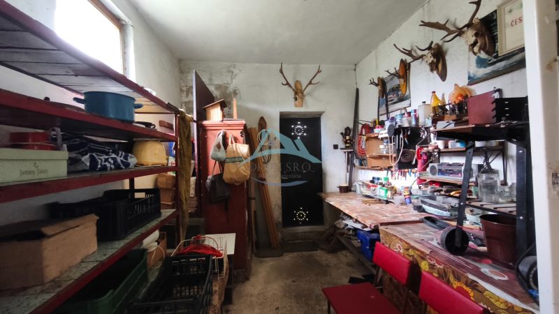 Storage space with shelves and tables in a family house, decorated with antlers on the wall.