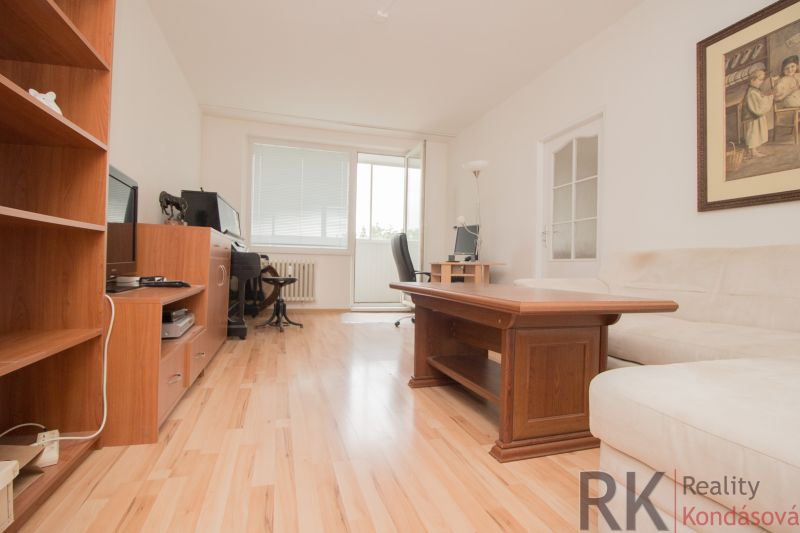 Living room in a three-room apartment with wood-patterned flooring and furniture.