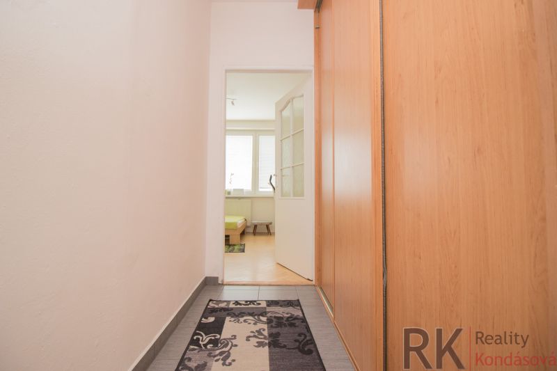 Hallway of a 3-room apartment with a wooden decor floor and carpet.