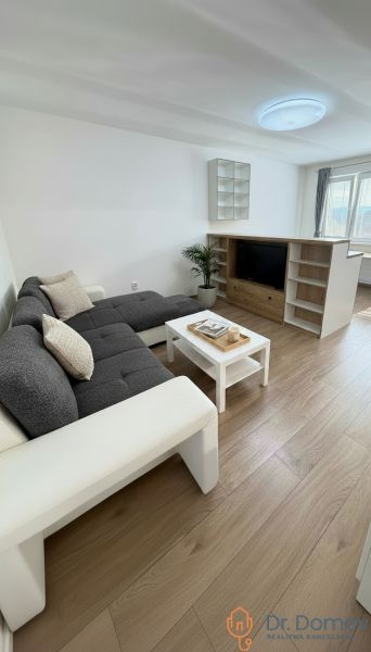 Living room in a studio apartment with a wooden decor floor and a comfortable sofa.