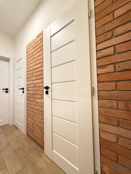 White door and brick wall in a studio apartment with wood-patterned flooring.