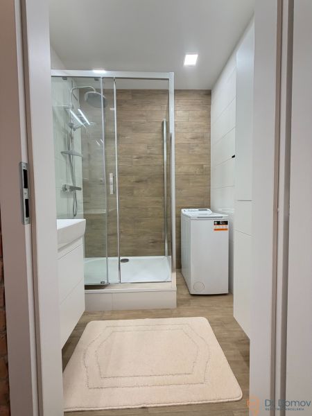 A bathroom in a studio apartment with a wooden decor floor, a shower corner, and a washing machine.