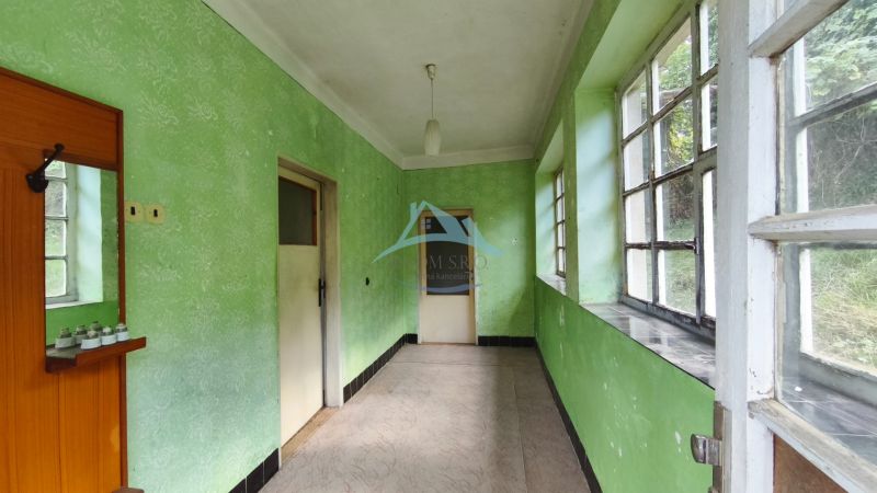 A hallway in a family house with large windows and green walls.