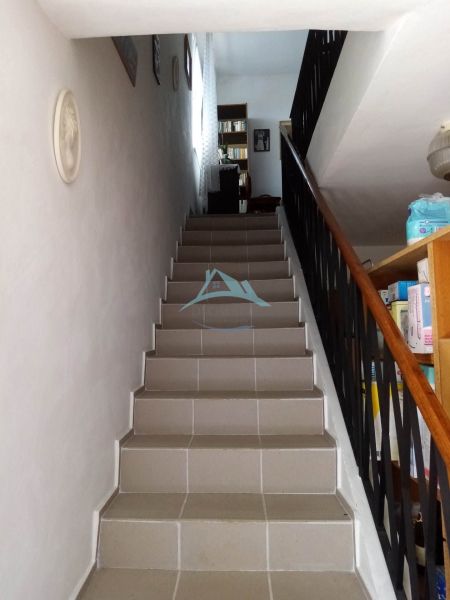 A staircase in a family house with a library on the upper floor.