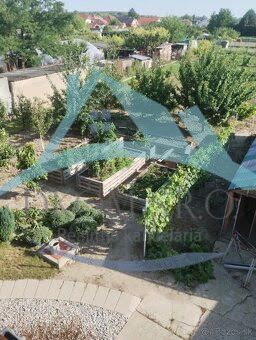 A garden at a family house in Bratislava with raised beds and vegetation.