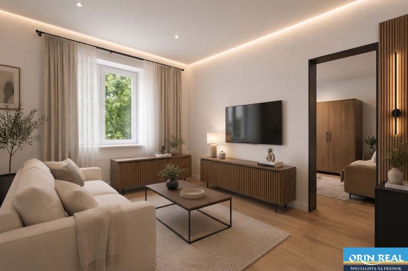 Living room in a family house with wood-patterned flooring, beige sofa, and TV.