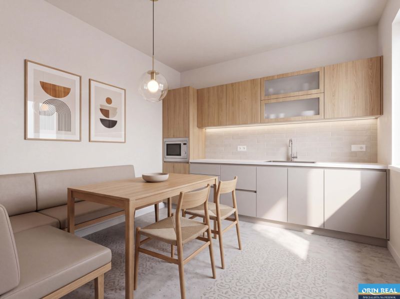 A kitchen in a family house with a wood-patterned floor, a dining table, and a built-in oven.