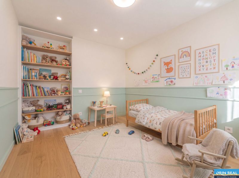 Children's room in a family house with a bed, chair, shelf, and floor with a wooden decor.
