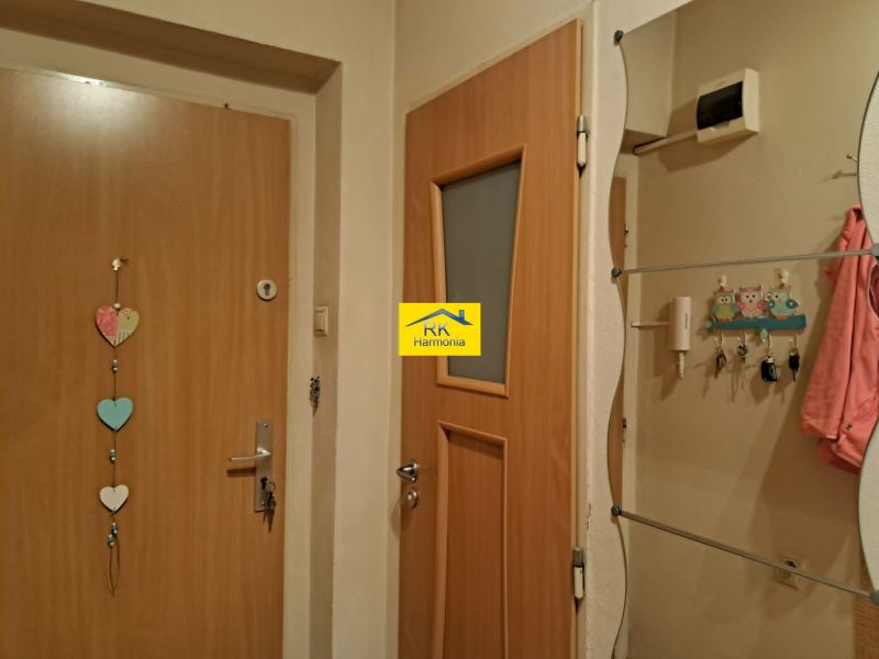 The entrance hall of a 2-room apartment with decoration on the door and a mirror on the wall.