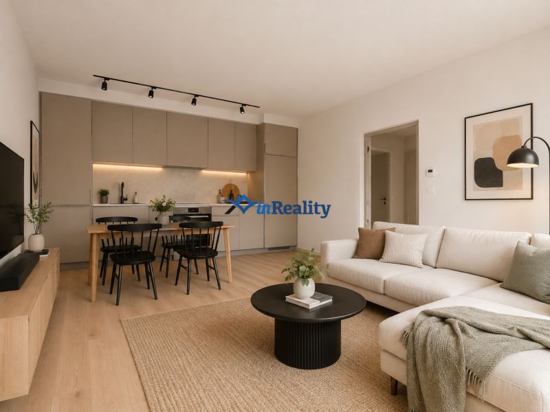 Living room with kitchen, dining table, and wooden decor flooring in a 3-room apartment.