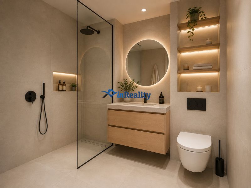 A bathroom in a 3-room apartment with a wooden decor floor, a mirror, and a shower corner.