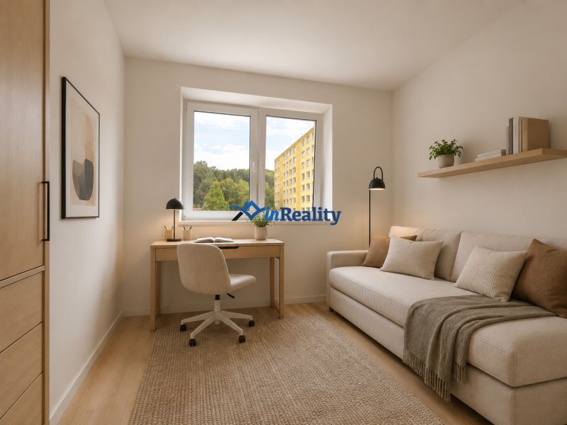 A bright room with a sofa, table, and wood-decorated floor in a three-room apartment.