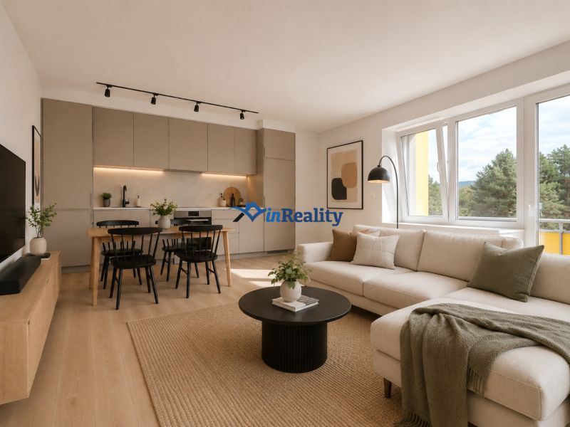 A spacious living area in a 3-room apartment with a light sofa and a wooden decor floor.