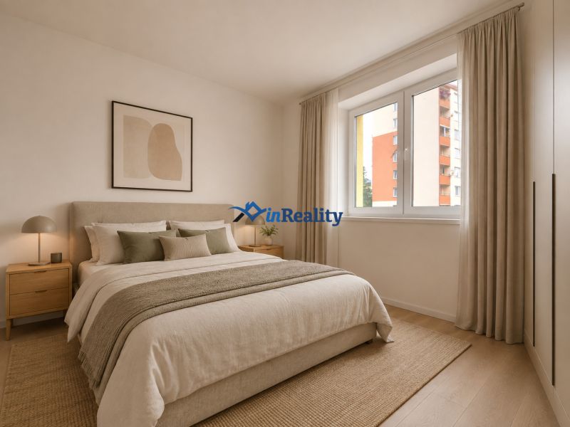 A bright bedroom with a large bed, a painting, and a wooden-decor floor in a 3-room apartment.