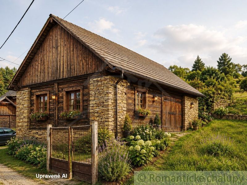 A wooden cottage with stone elements on a residential plot in Nižné Repaše.