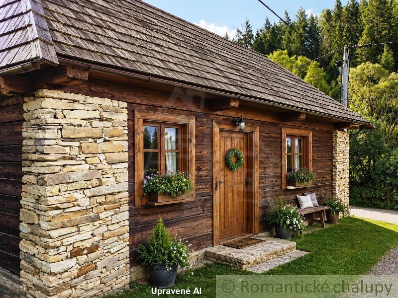 A log cabin with a stone wall in Nižné Repaše on residential land.