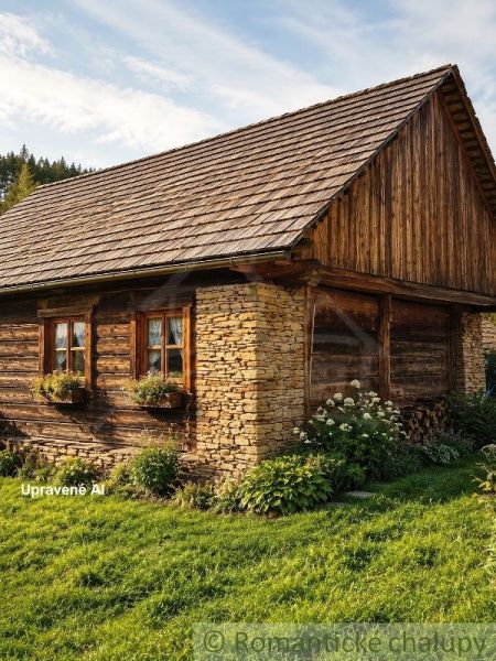 Wooden cottage with a stone foundation and flower windows in Nižné Repaše, Land - housing.