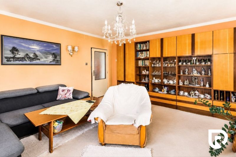 Living room in a family house with an armchair, a sofa, and a display cabinet full of ceramics.