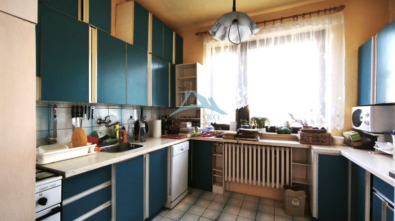 A kitchen in a family house with blue cabinets and a large window, a homely atmosphere.
