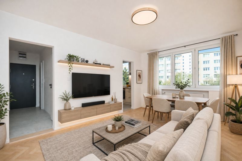 Living room in a three-room apartment with a wooden decor floor and light furniture.