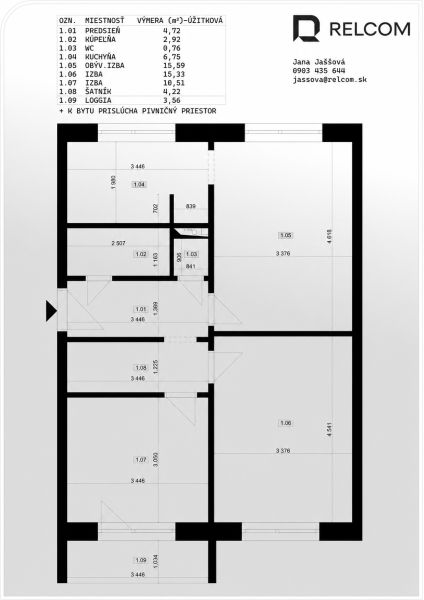Floor plan of a 3-room apartment with a hallway, bathroom, toilet, kitchen, living room, rooms, and a loggia.