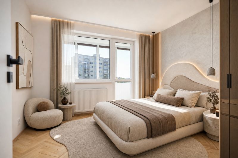 A bedroom in a 3-room apartment with a wood-patterned floor, beige furniture, and a large window.