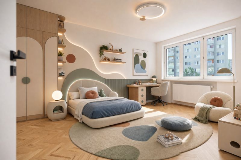 A children's room with light colors, a wooden decor floor, and a circular rug in a three-room apartment.