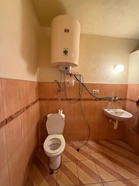 Bathroom with toilet, water heater, sink, wooden decor flooring in a family house.