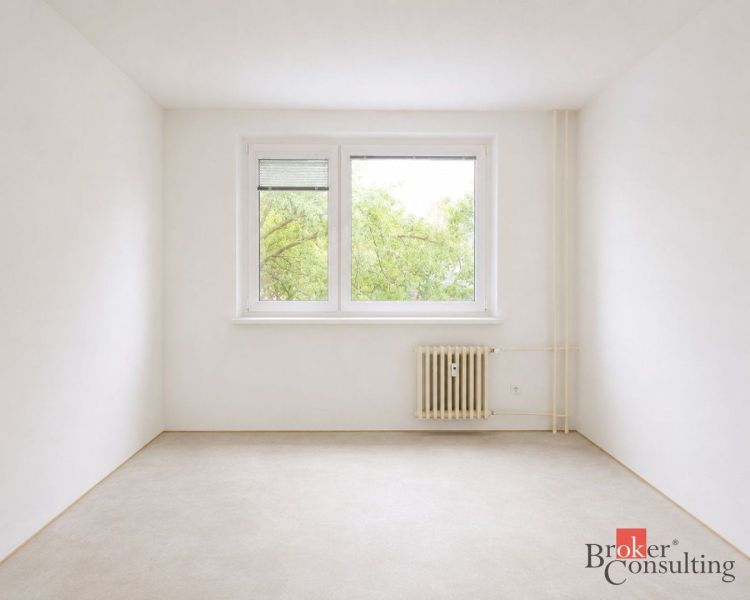 A bright room with trees outside the window, a radiator, and a wooden decor floor in a 4-room apartment.