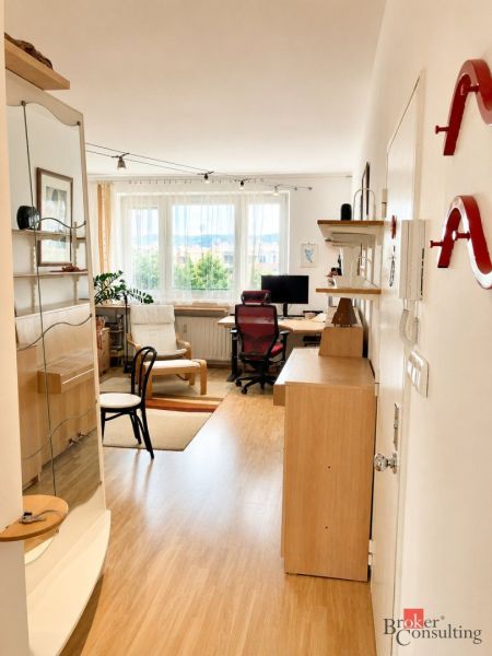 Interior of a 2-room apartment with a wooden decor floor and a work corner.