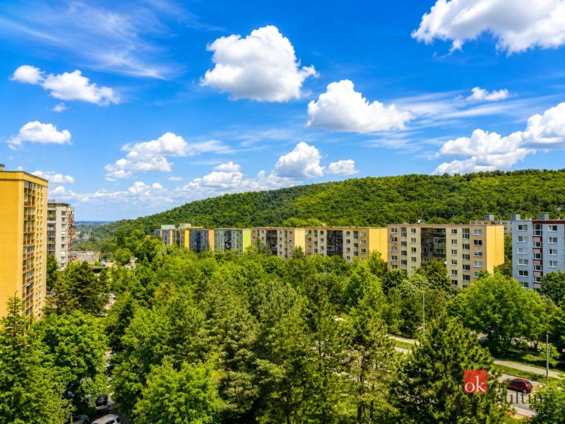 View from a 2-room apartment on Studenohorská Street in Bratislava-Lamač. Meadows and forests in the background.