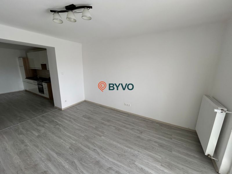 Living room of a three-room apartment with a wood-patterned floor and a kitchen on the left side.