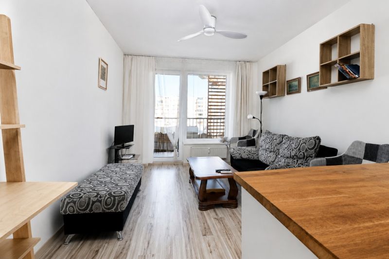 Living room with wood-patterned flooring, a sofa, and a television in a two-room apartment.