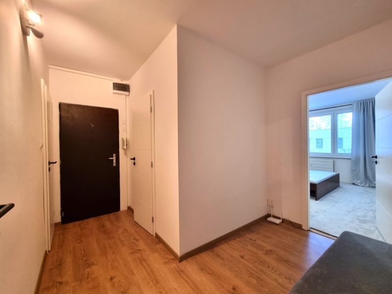 A hallway with a wooden decor floor and an entrance to a room in a 2-room apartment.