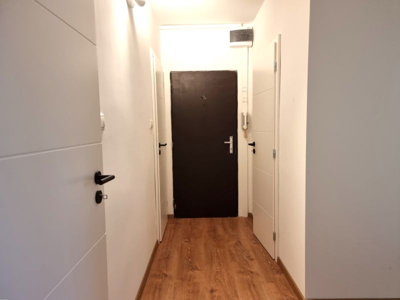 A hallway in a 2-room apartment with a wooden decor floor and white doors.